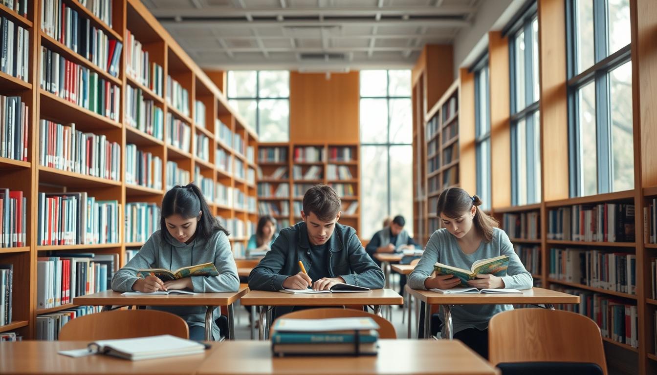 Students studying together in modern classroom